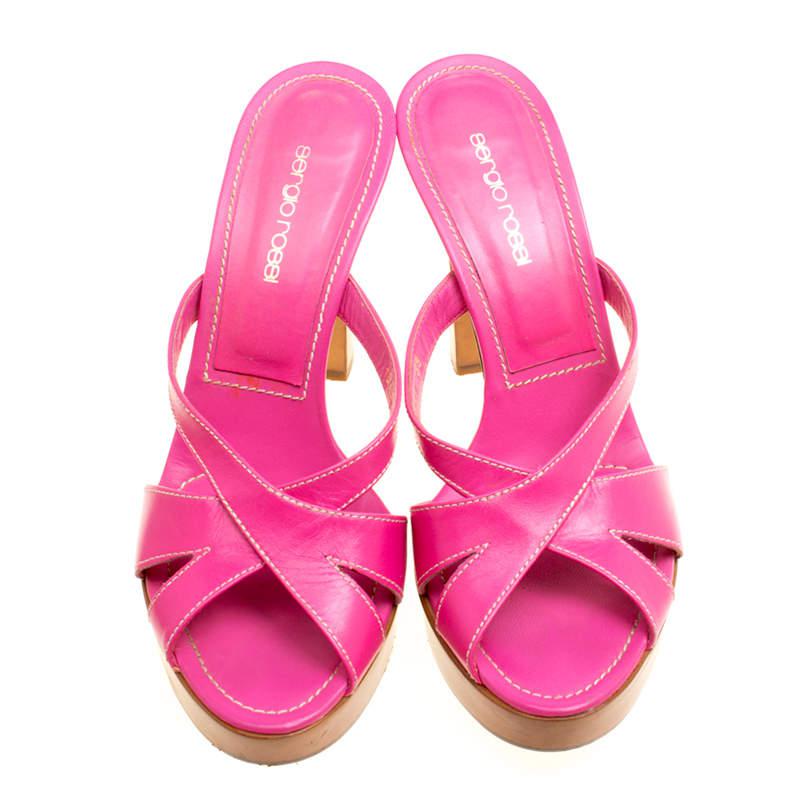 Sergio Rossi Pink Leather Peep Toe Platform Slides Size 38商品第3张图片规格展示