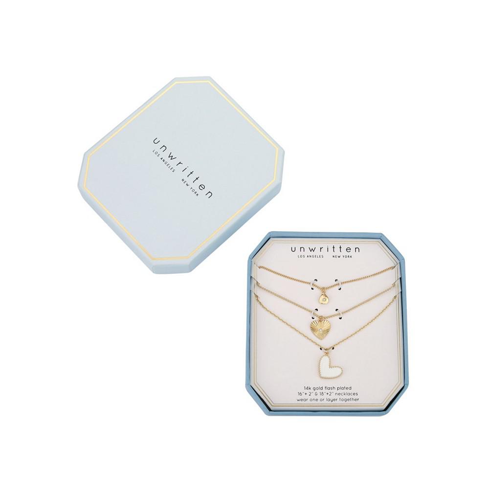 14K Gold Flash-Plated 3-Pieces White Enamel Genuine Crystal Heart Layered Pendants Set商品第2张图片规格展示