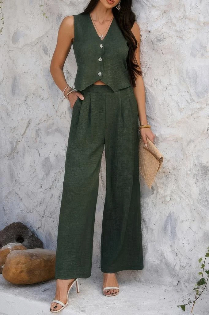 Solid V Neck Button Vest Pleated Suit Sets 商品