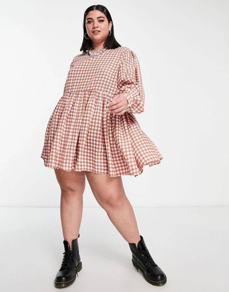 商品Daisy Street|Daisy Street Plus mini smock dress in micro pink brown check,价格¥201,第4张图片详细描述