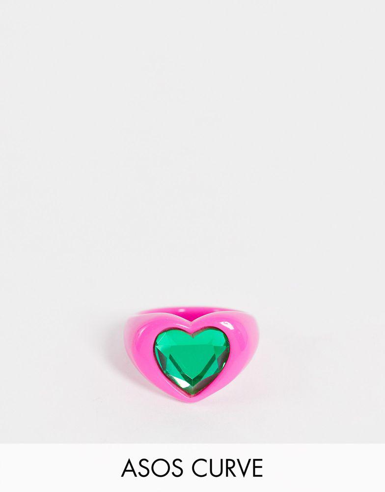 ASOS DESIGN Curve ring in heart shape with emerald green jewel in hot pink plastic商品第1张图片规格展示