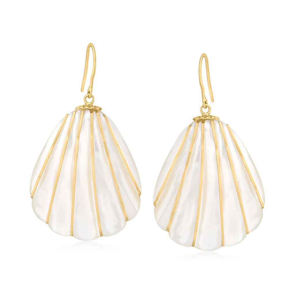 Ross-Simons Mother-Of-Pearl and 4-4.5mm Cultured Pearl Seashell Drop Earrings in 14kt Yellow Gold商品第1张图片规格展示