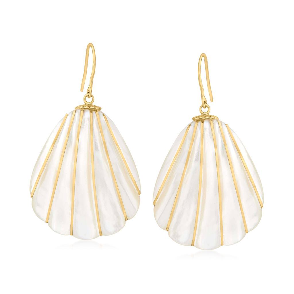 商品Ross-Simons|Ross-Simons Mother-Of-Pearl and 4-4.5mm Cultured Pearl Seashell Drop Earrings in 14kt Yellow Gold,价格¥2144,第1张图片
