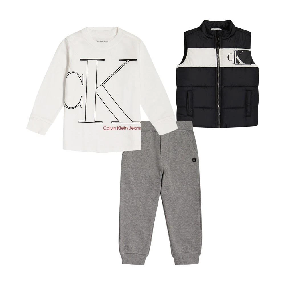 商品Calvin Klein|Little Boys Monogram T-shirt, Puffer Vest and Fleece Joggers, 3 Piece Set,价格¥200,第1张图片