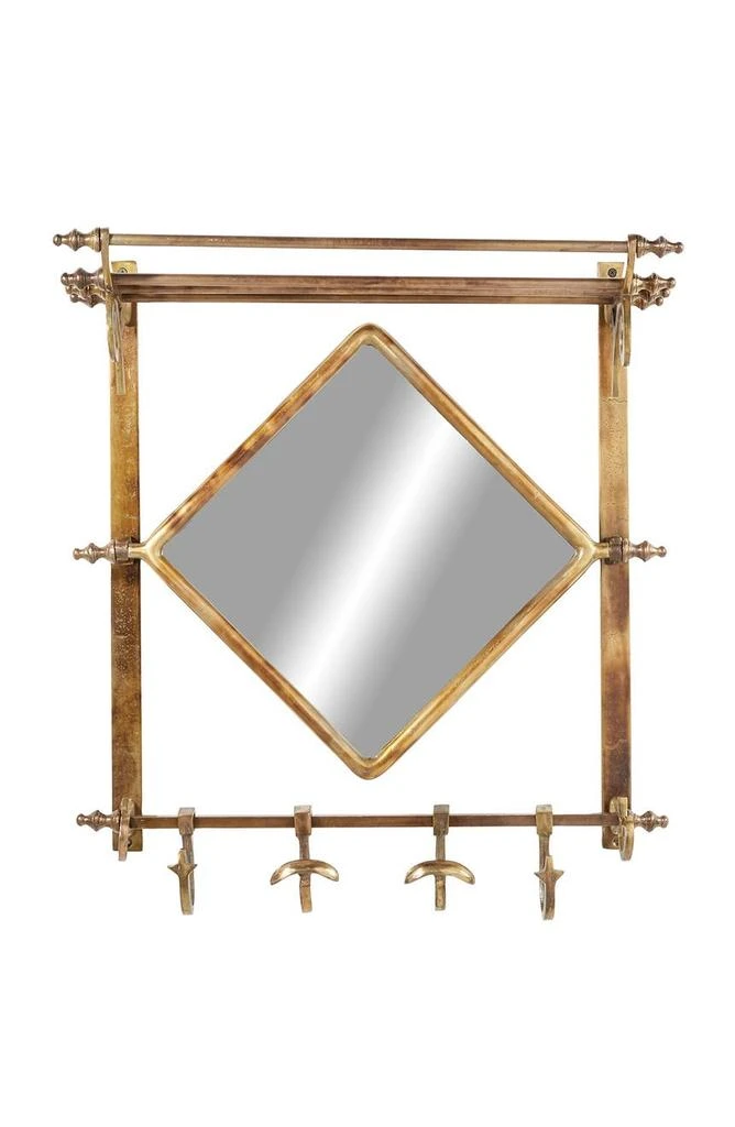 商品WILLOW ROW|Brass Bathroom Wall Rack with Hooks & Diamond-Shaped Mirror,价格¥1409,第1张图片