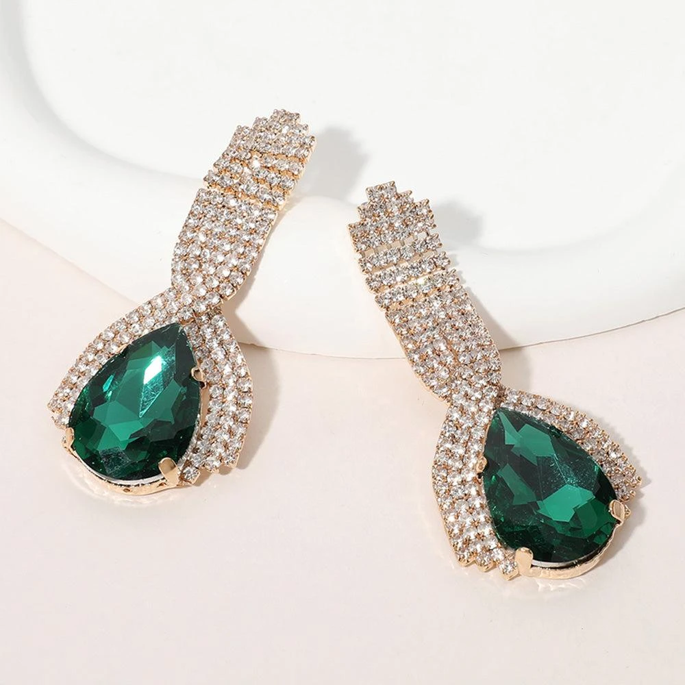 商品FASHNZFAB|Teardrop Glass Stone Pointed Rhinestone Paved Evening Earrings - Emerald,价格¥166,第1张图片详细描述