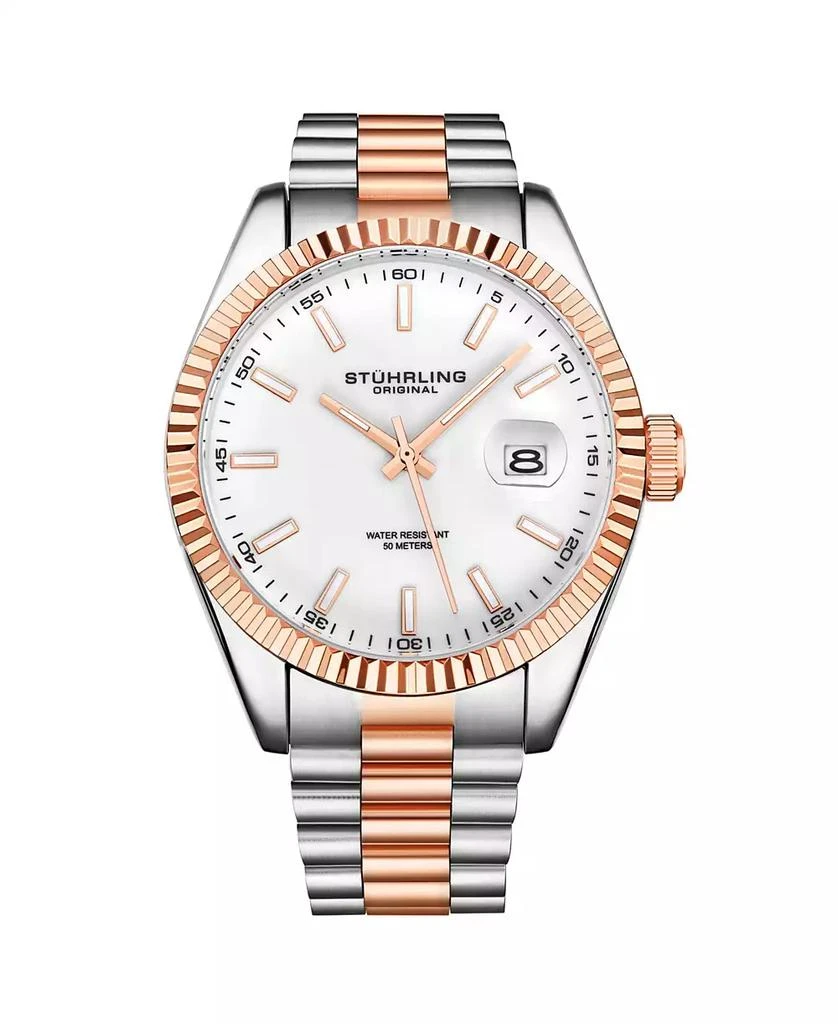 商品Stuhrling|Men's Silver-Tone and Rose Gold-Tone Stainless Steel Link Bracelet Watch 42mm,价格¥1017,第1张图片