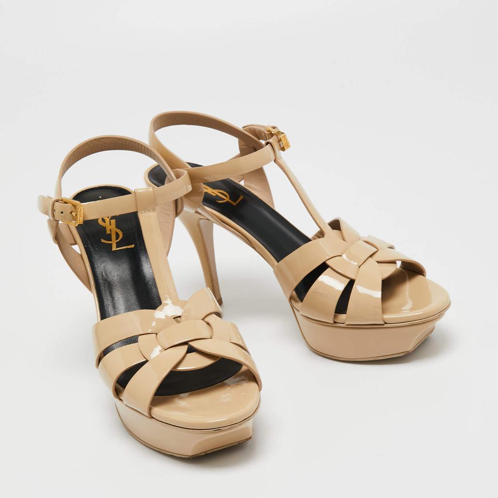 商品[二手商品] Yves Saint Laurent|Saint Laurent Beige Patent Leather Tribute Platform Sandals Size 38,价格¥3232,第6张图片详细描述