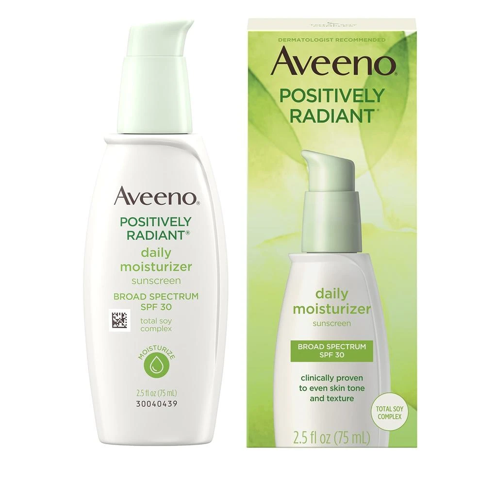 商品Aveeno|Aveeno Positively Radiant Daily Facial Moisturizer with Total Soy Complex and Broad Spectrum SPF 30 Sunscreen, Oil-Free and Non-Comedogenic, 2.5 fl. oz,价格¥133,第1张图片