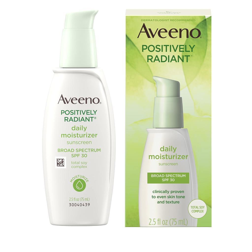 商品Aveeno|Aveeno Positively Radiant Daily Facial Moisturizer with Total Soy Complex and Broad Spectrum SPF 30 Sunscreen, Oil-Free and Non-Comedogenic, 2.5 fl. oz,价格¥118-¥163,第1张图片