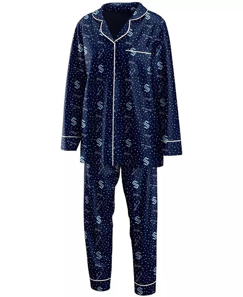 商品WEAR by Erin Andrews|Women's Deep Sea Blue Seattle Kraken Long Sleeve Button-Up Shirt and Pants Sleep Set,价格¥337,第1张图片