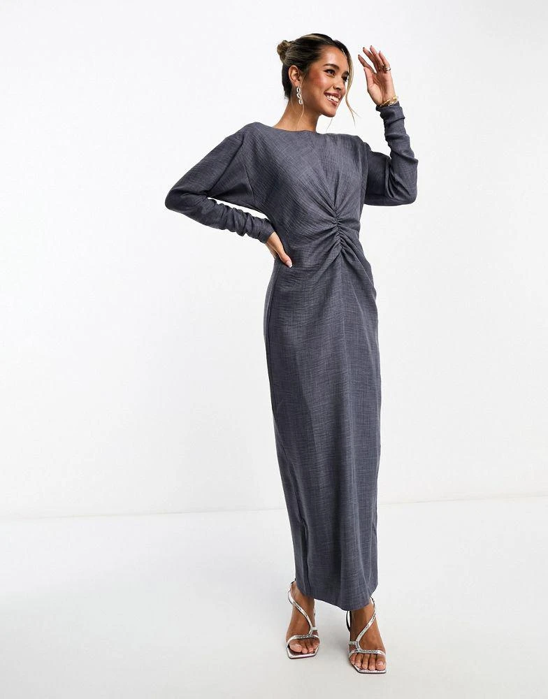 商品ASOS|ASOS DESIGN long sleeve maxi dress with ruching detail in washed navy,价格¥476,第4张图片详细描述