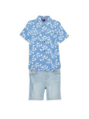 Little Boy’s 2-Piece Button Up Shirt & Denim Shorts Set商品第1张图片规格展示