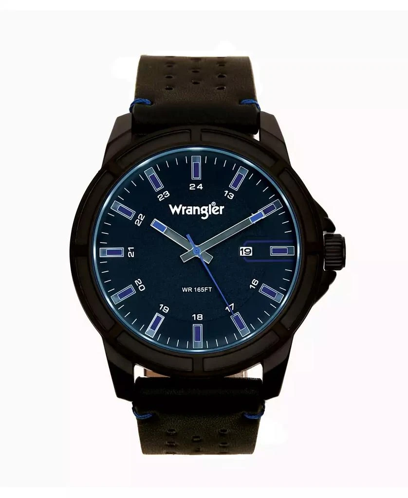 商品Wrangler|Men's Watch 48MM IP Black Case with Black Dial, Blue Index Markers, Sand Satin Dial, Analog, Date Function, Blue Second Hand, Black Strap with Blue Accent Stitch,价格¥463,第1张图片