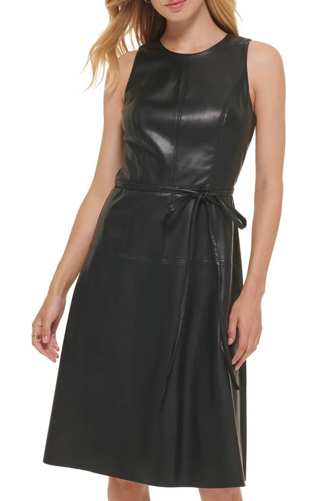 商品Tommy Hilfiger|Sleeveless Faux Leather Fit & Flare Dress,价格¥447,第3张图片详细描述