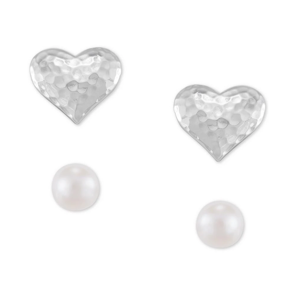 商品Macy's|2-Pc. Set Cultured Freshwater Pearl (4mm) & Hammered Heart Stud Earrings in Sterling Silver,价格¥113,第1张图片