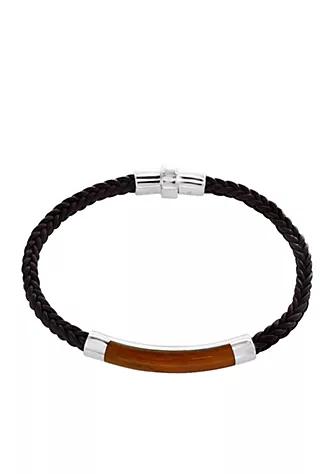 Men's Sterling Silver Tiger Eye and Braided Leather Bracelet商品第1张图片规格展示