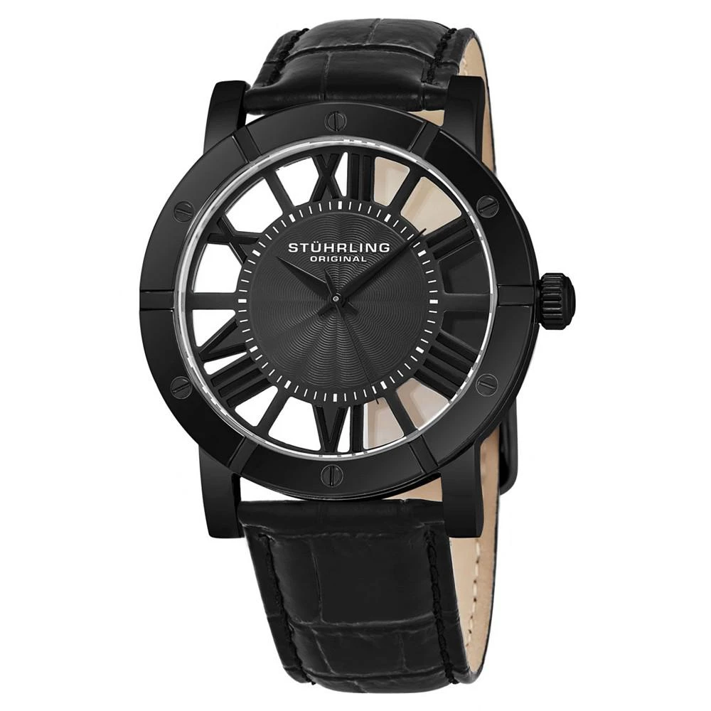 商品Stuhrling|Original Stainless Steel Black Pvd Case on Black Alligator Embossed Genuine Leather Strap, Gray Spoke-Style Dial, With Black Accents,价格¥742,第1张图片