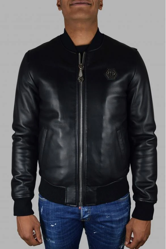 商品Philipp Plein|Men's luxury jacket philipp plein bomber jacket in black leather with skull and red logo,价格¥10360,第2张图片详细描述