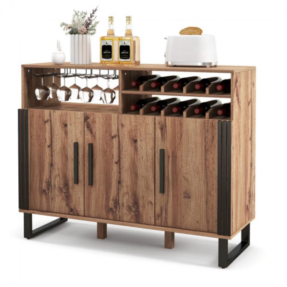 商品Hivvago|Home Wine Bar Cabinet with 3 Doors and Adjustable Shelves-Brown,价格¥1444,第4张图片详细描述
