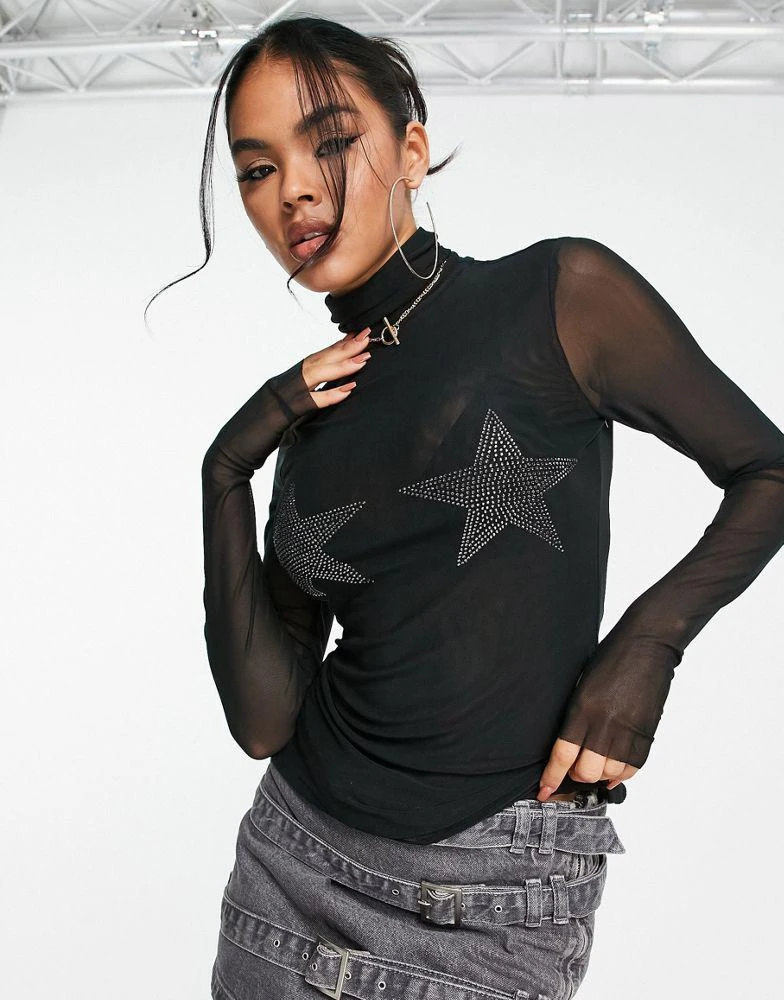 商品AFRM|AFRM turtleneck star embellished long sleeve top in black,价格¥82,第1张图片