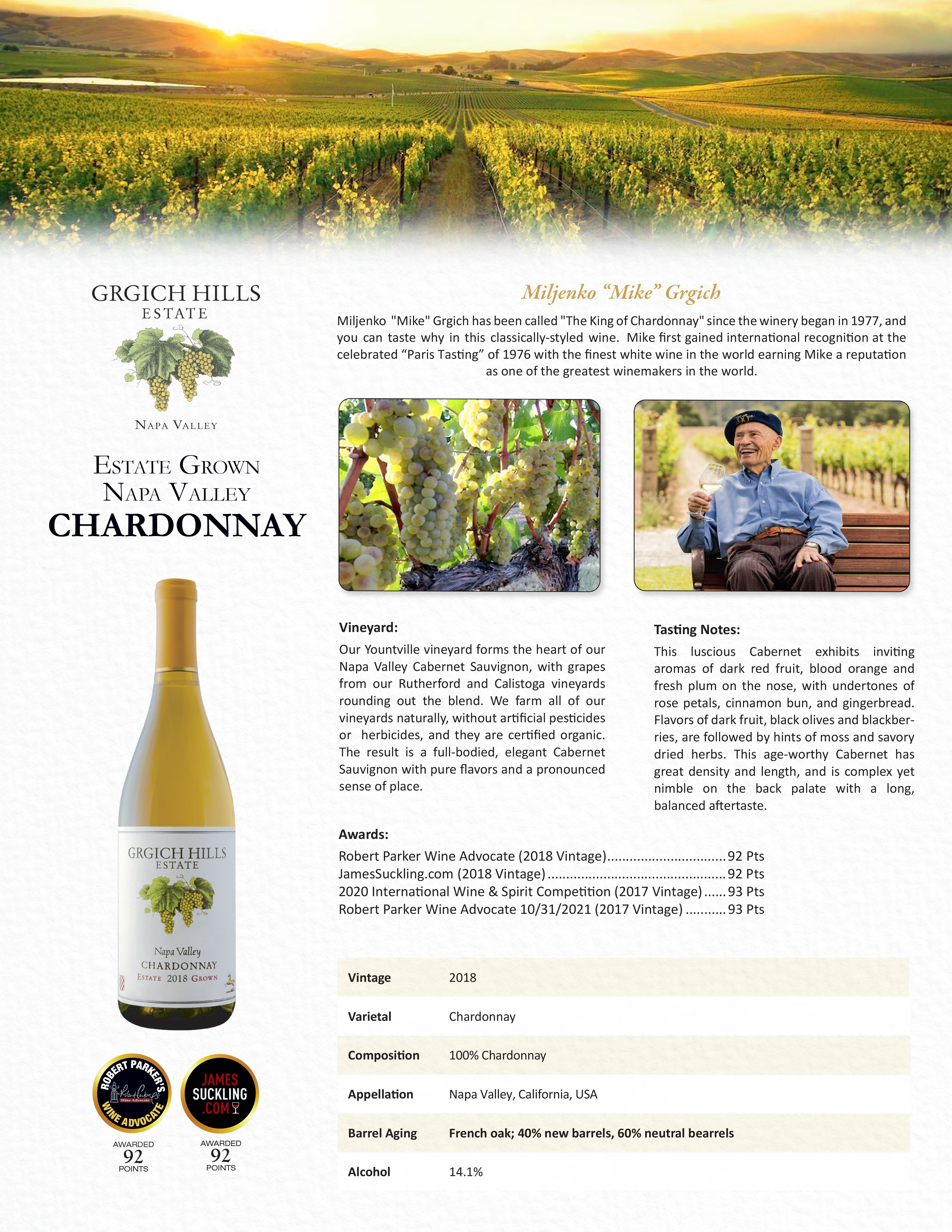 古力奇山庄纳帕霞多丽干白葡萄酒 2018 | Grigich Hills Chardonnay 2018 (Napa Valley, CA)商品第3张图片规格展示