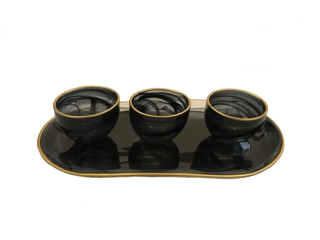 商品Classic Touch Decor|Set of 3 Bowls with Tray-Black Alabaster with Gold Trim-Tray,价格¥699,第1张图片