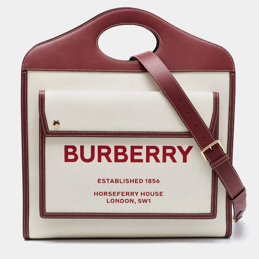 商品Burberry|Burberry Burgundy/White Leather And Canvas Medium Pocket Bag,价格¥6029,第1张图片