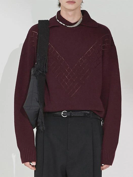 商品HALEINE|Wool Wide Collar Knit Top Burgundy,价格¥1111,第1张图片