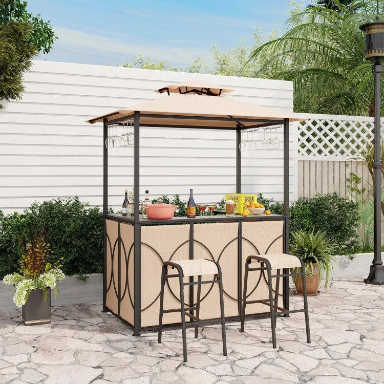 商品Hivvago|3-Piece Patio Bar Set Grill Gazebo & 2 Bar Stools with Tempered Glass Bar Table,价格¥5412,第2张图片详细描述
