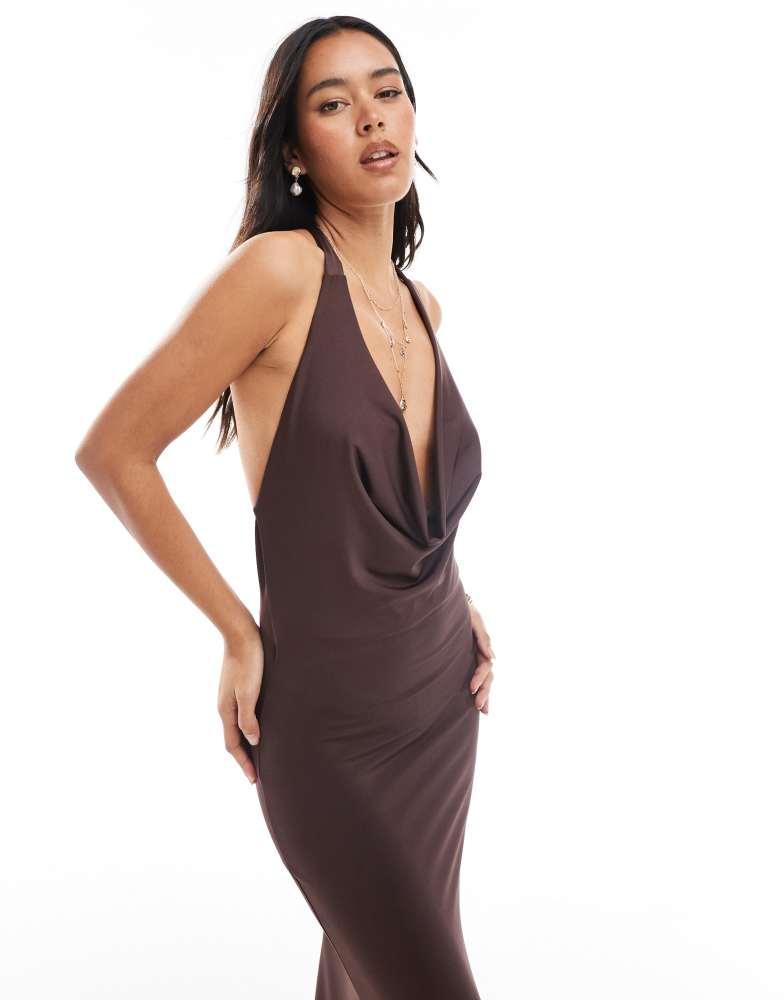 new look halter neck dress Blue Jacquard Cowl Halterneck Midi Dress
