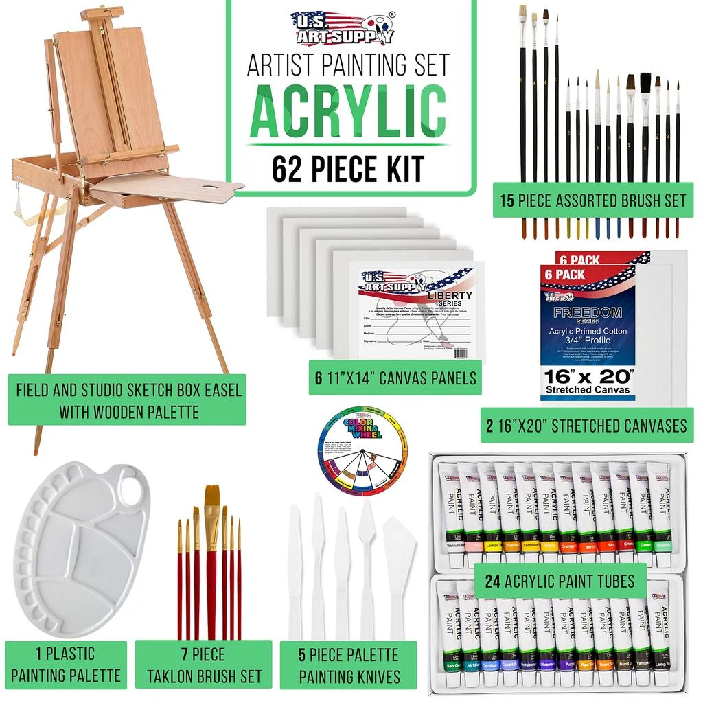 商品U.S. Art Supply|US ART SUPPLY 121-Piece Custom Artist Painting Kit with Coronado Sonoma Easel, 24-Tubes Acrylic Colors, 24-Tubes Oil Painting Colors, 24-tubes Watercolor Painting Colors, 2-each 16"x20" Artist Quality Stretched Canvases, 6-each 11"x14" Canvas Panels, 11"x14" Watercolor Paper Pad, 10-Natural Hair Bristle Paint Brushes, 7-Nylon Hair Paint Brushes, 15-Multipurpose Paint Brushes, Trowel, 5 Pallete Knives, 17-Well Paint Mixing Pallete,价格¥671,第2张图片详细描述