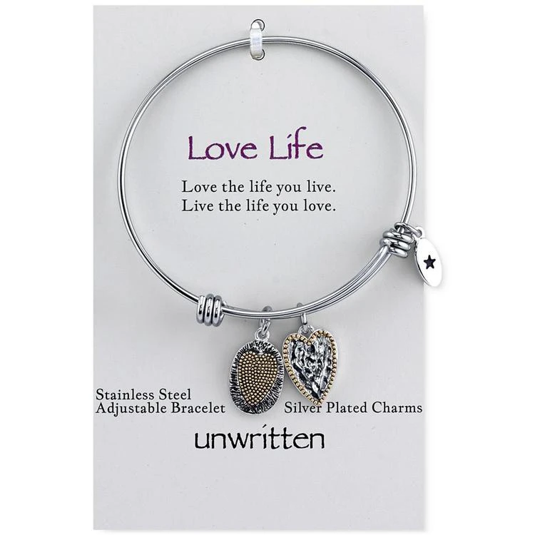 商品Unwritten|Two-Tone Crystal Accented Love Life Charm Adjustable Bangle Bracelet in Stainless Steel with 14k Gold-Plating,价格¥206,第1张图片