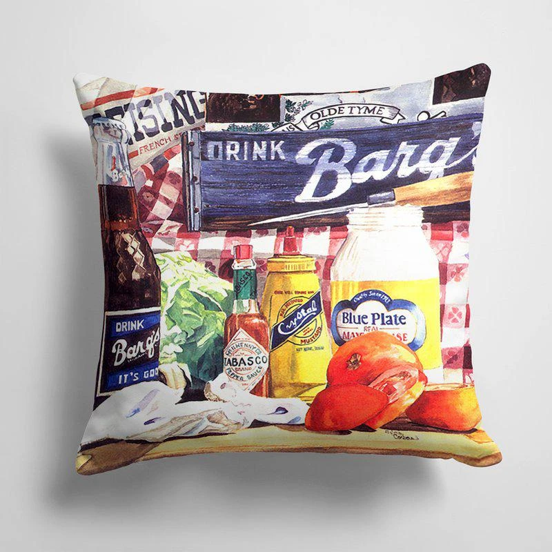 商品Caroline's Treasures|14 in x 14 in Outdoor Throw PillowBlue Plate Mayonaise, Barq's and a tomato sandwich Fabric Decorative Pillow 15 X 15 IN,价格¥273,第1张图片