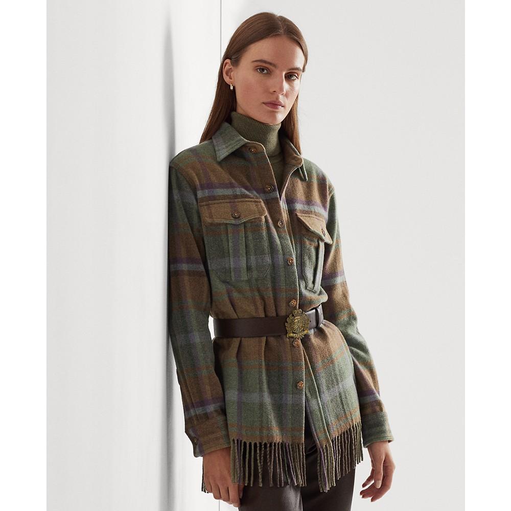 Plaid Fringe-Trim Twill Shirt Jacket商品第1张图片规格展示