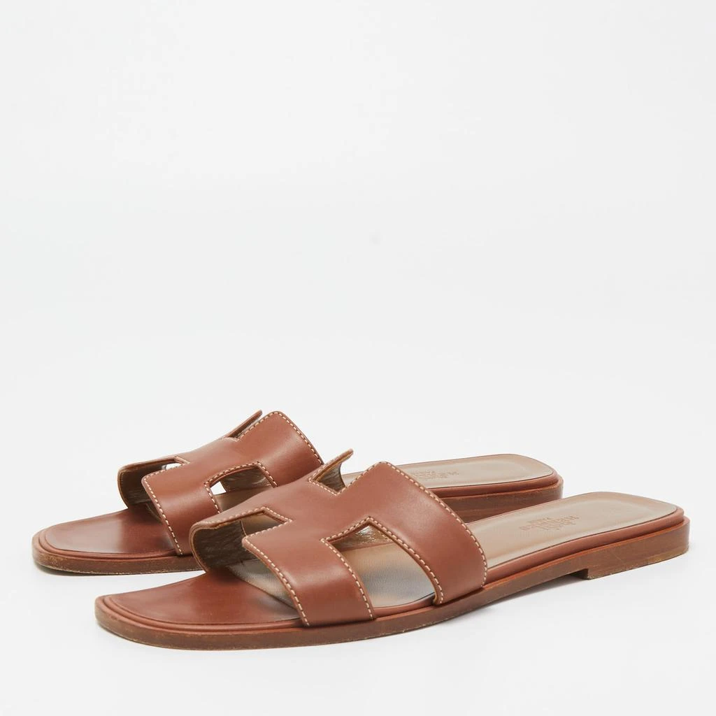 商品[二手商品] Hermes|Hermes Brown Leather Oran Flat Slides Size 37,价格¥3355,第2张图片详细描述