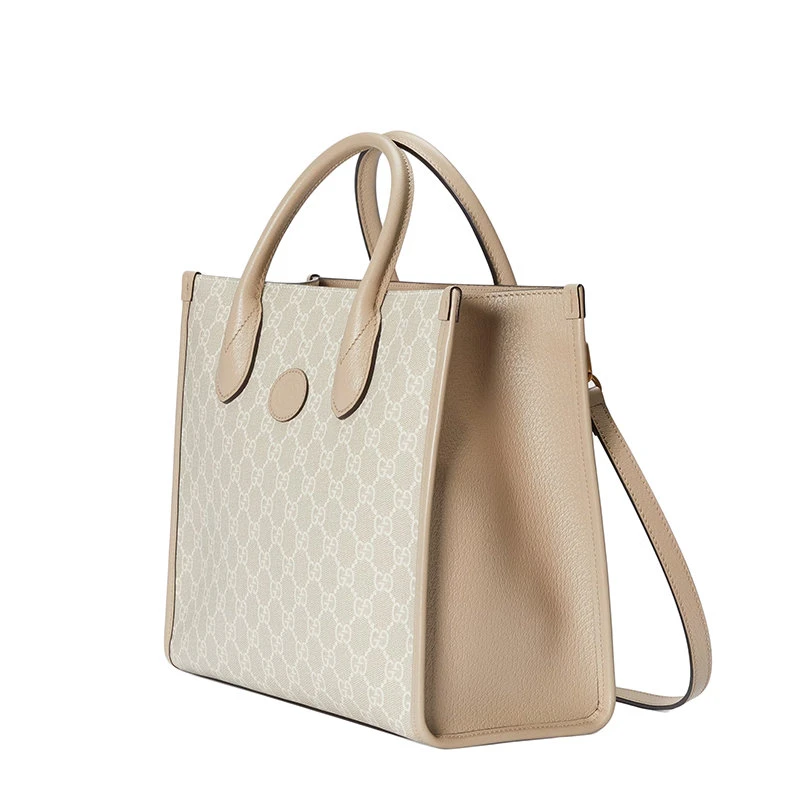 商品Gucci|【预售3-7天】GUCCI/古驰  女士小号米白色老花帆布皮革滚边手提单肩包托特包659983UULBT9683,价格¥12092,第4张图片详细描述