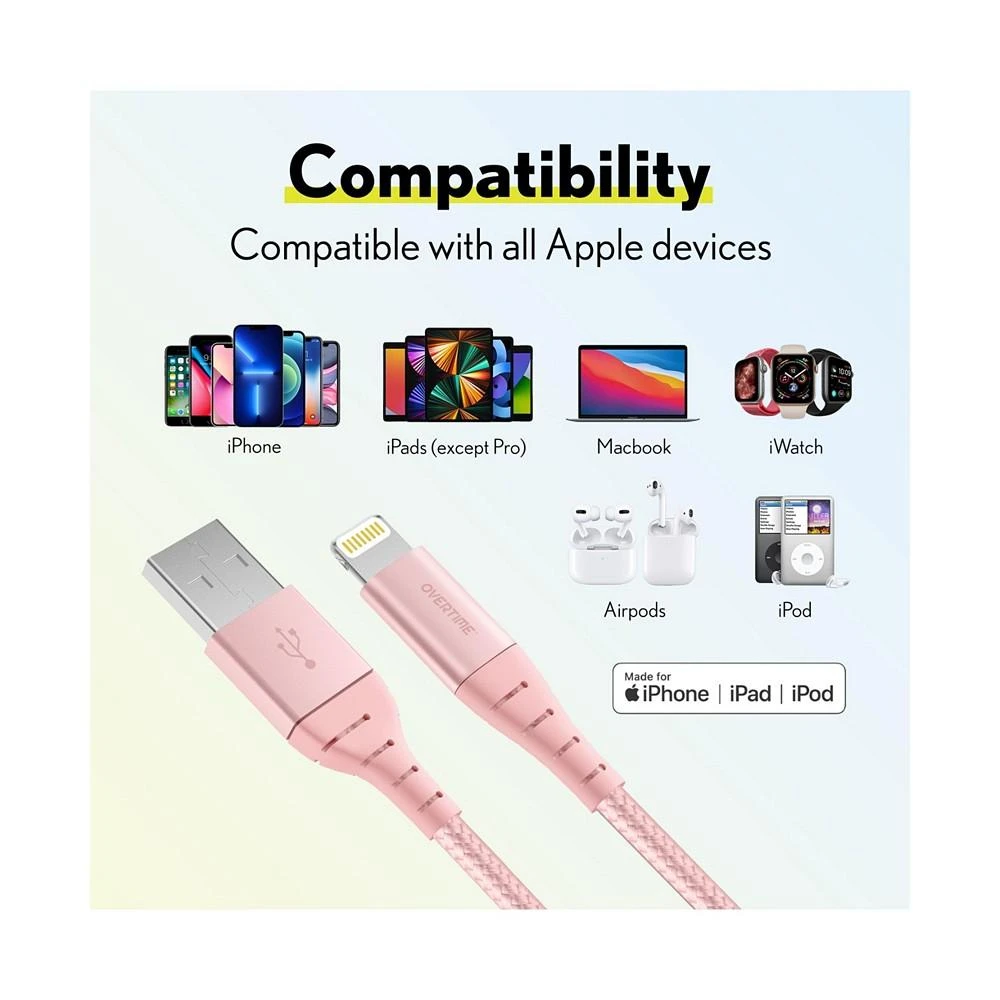 商品Overtime|Apple MFi Certified iPhone 11/XR/SE/10/8 10ft Charging Cable | USB to Lightning Cable for iPhone - Rose Gold (2-Pack),价格¥224,第3张图片详细描述
