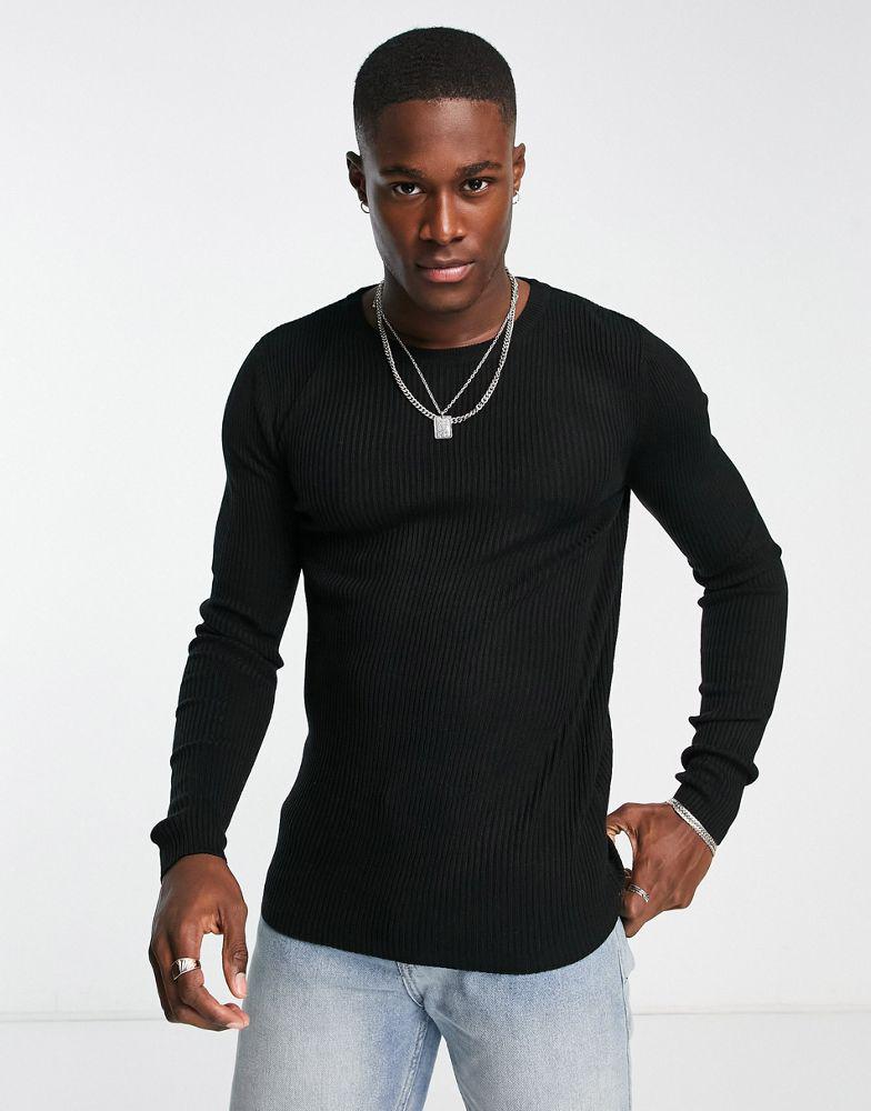 ASOS DESIGN knitted muscle fit rib crew neck jumper in black商品第1张图片规格展示