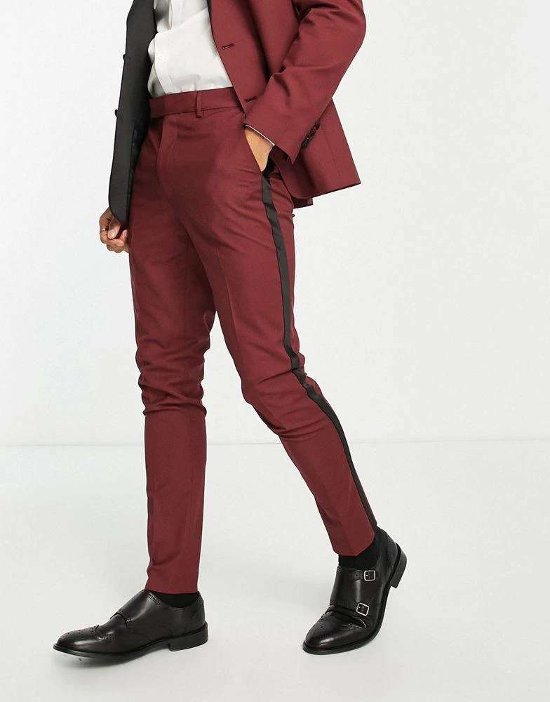 商品ASOS|ASOS DESIGN skinny tuxedo suit trousers in burgundy,价格¥193,第1张图片