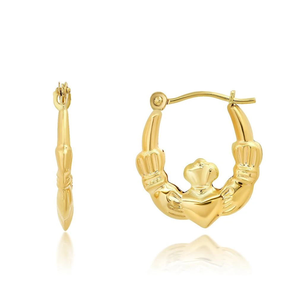 商品MAXCOLOR|Solid 14K Yellow Gold 16MM Claddagh Hoop Earrings with Click-top Closure,价格¥715,第1张图片