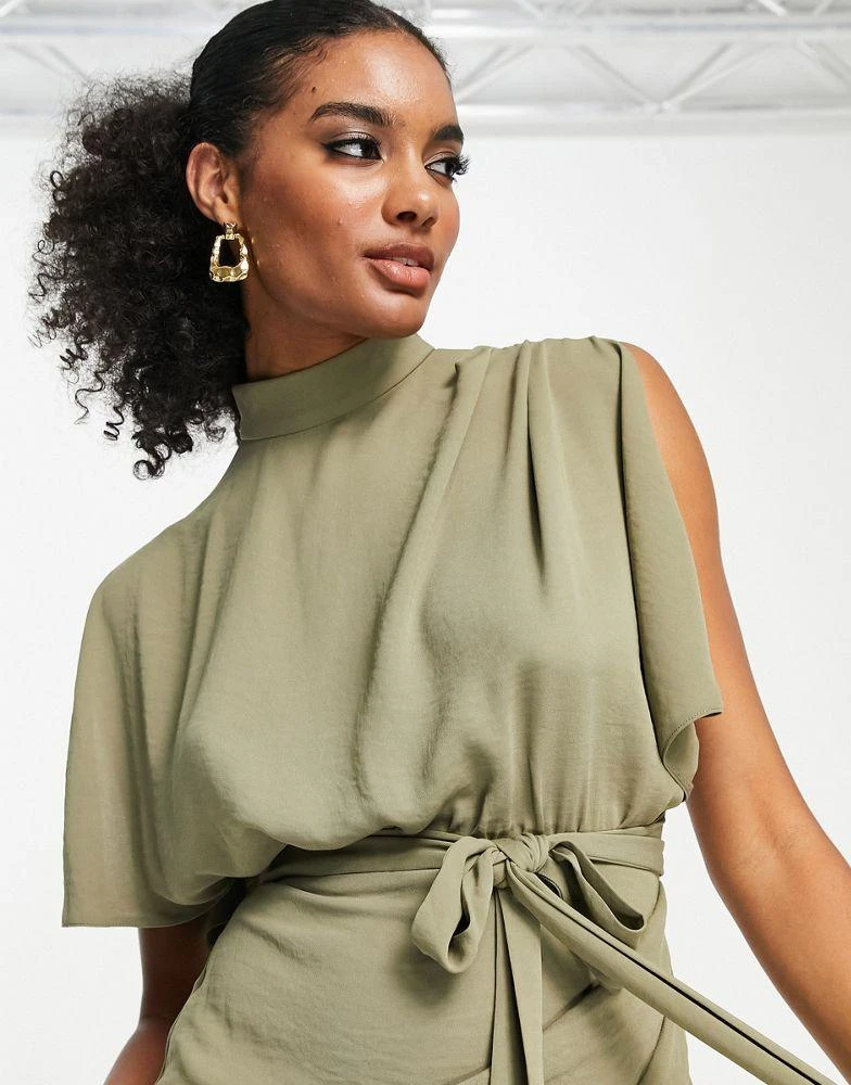 商品ASOS|ASOS DESIGN cap sleeve split sleeve midi wrap front dress in olive,价格¥362,第3张图片详细描述