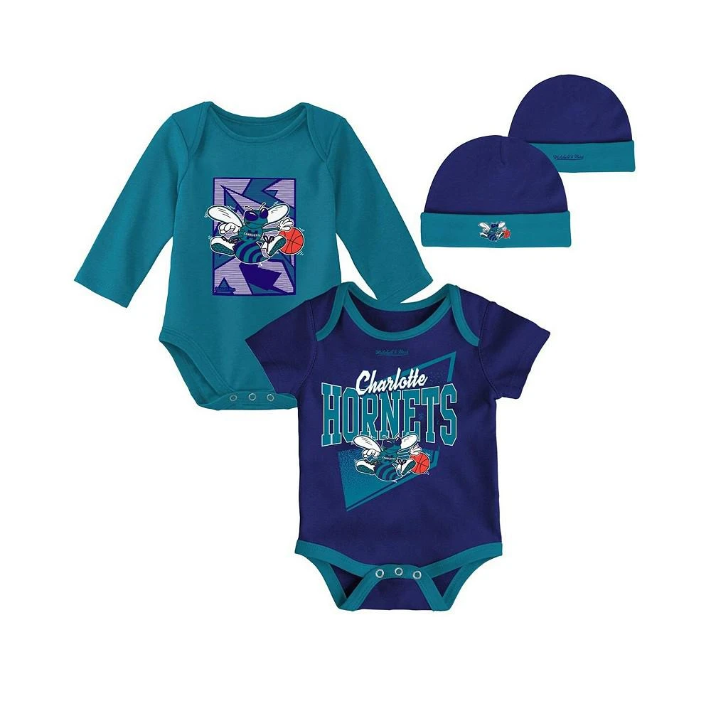 商品Mitchell & Ness|Infant Boys and Girls Purple, Teal Charlotte Hornets Hardwood Classics Bodysuits and Cuffed Knit Hat Set,价格¥301,第1张图片