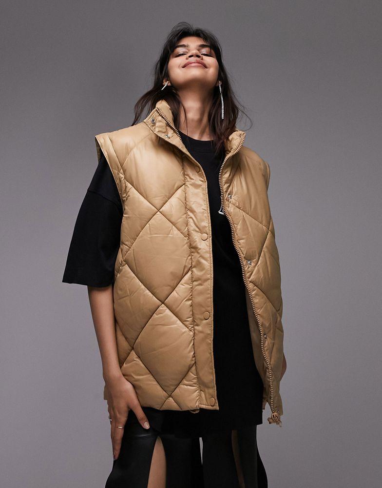 Topshop mid length wet look puffer with zip off sleeves in caramel商品第3张图片规格展示