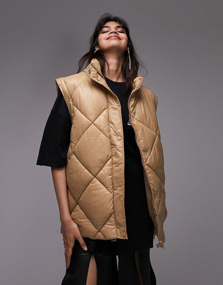 商品Topshop|Topshop mid length wet look puffer with zip off sleeves in caramel,价格¥468,第5张图片详细描述