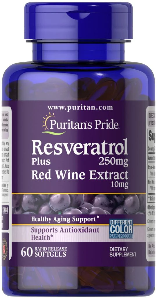 商品Puritan's Pride|Resveratrol 250 mg plus Red Wine Extract 60 Softgels,价格¥395-¥790,第1张图片