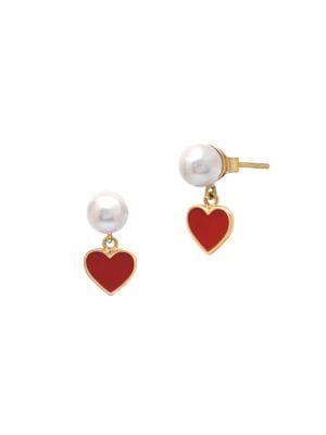 商品Gabi Rielle|22K Gold Vermeil, 3MM Round Freshwater Pearl & Enamel Heart Drop Earrings,价格¥415,第1张图片
