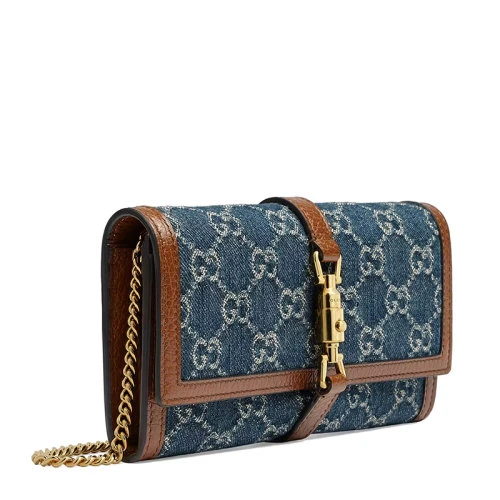GUCCI/古驰 经典款Jackie 1961系列 女士蓝色/米色双G提花牛仔布棕色小牛皮金扣链条长款钱包6526812KQGG8375 商品