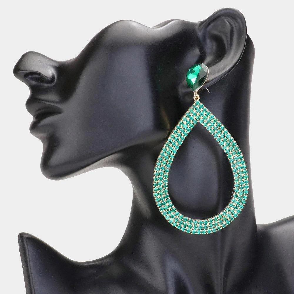 商品FASHNZFAB|Rhinestone Pave Open Teardrop Dangle Evening Earrings - Emerald,价格¥219,第1张图片详细描述