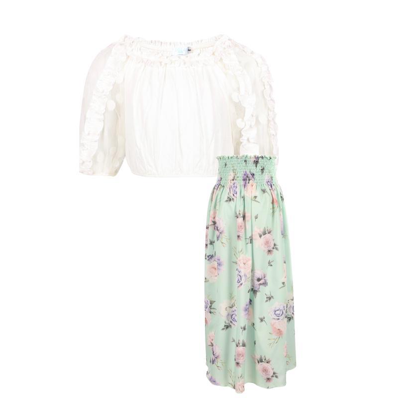 商品Dalai Kids|Ruffled tulle blouse and roses long waterfall skirt set in white and light green,价格¥2159,第1张图片